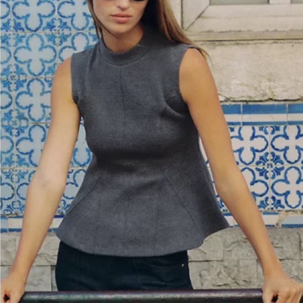 New Zara Charcoal Gray Sleeveless Peplum Mock Neck Tank Top
